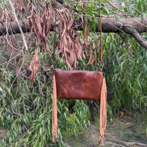 Genuine Leather Hair-on Tooled Bag Women's Western Handbag with Fringes - Picture 5 of 7